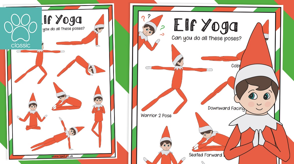 Teachers pet elf on the shelf yoga poses mat