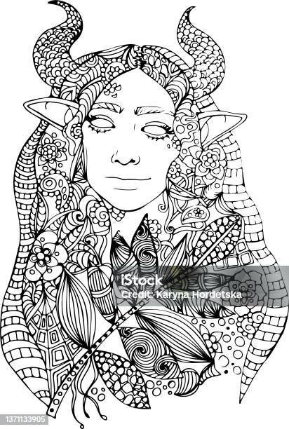 Vetores de garota chifres e orelhas de elfo livro de colorir em estilo zen e mais imagens de colorindo