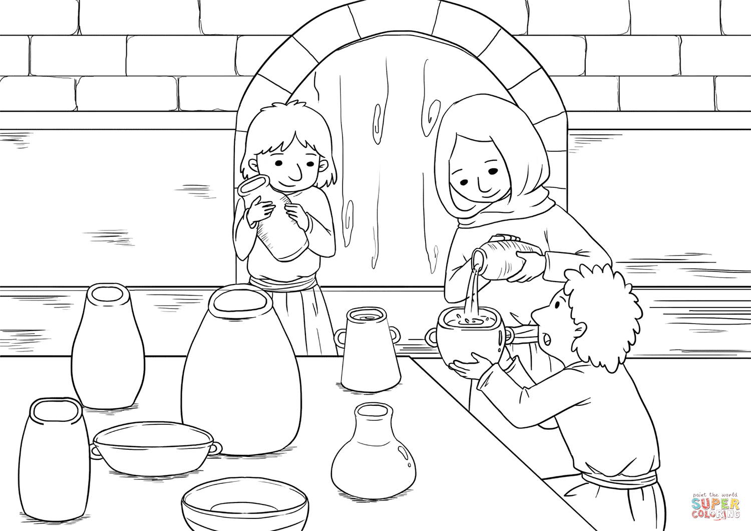Dibujo de la viuda y sus hijos echan aceite en todas las jarras para colorear dibujos para colorear imprimir gratis