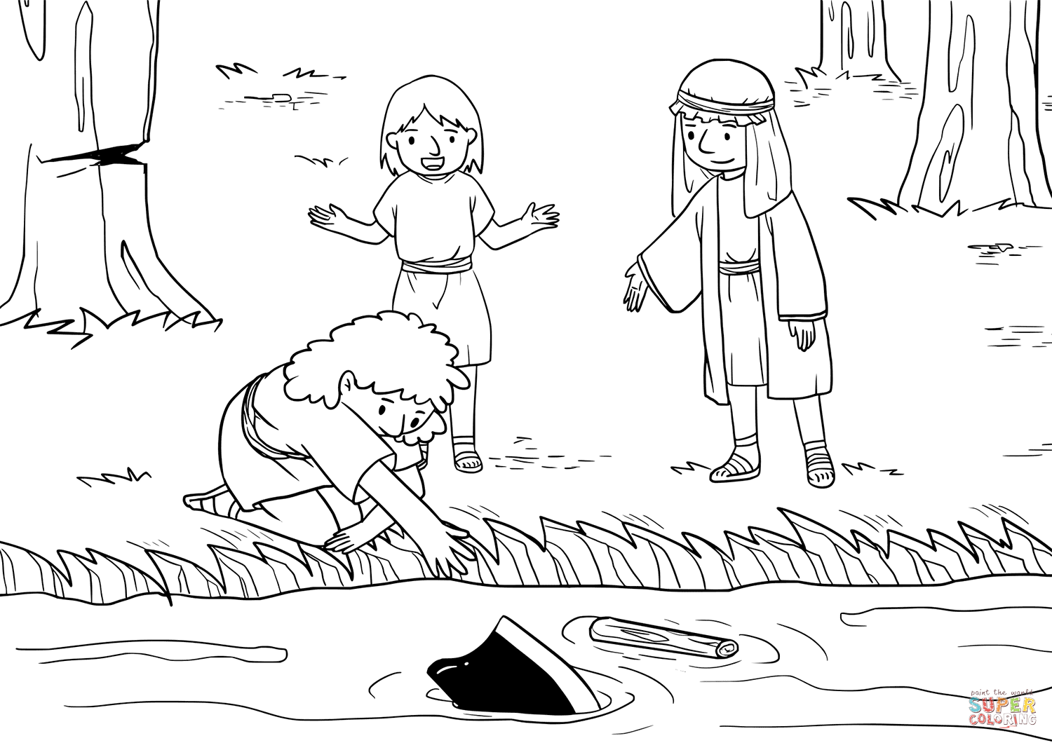 Elisha cut a stick and threw it to the jordan and made the iron float coloring page free printable coloring pages