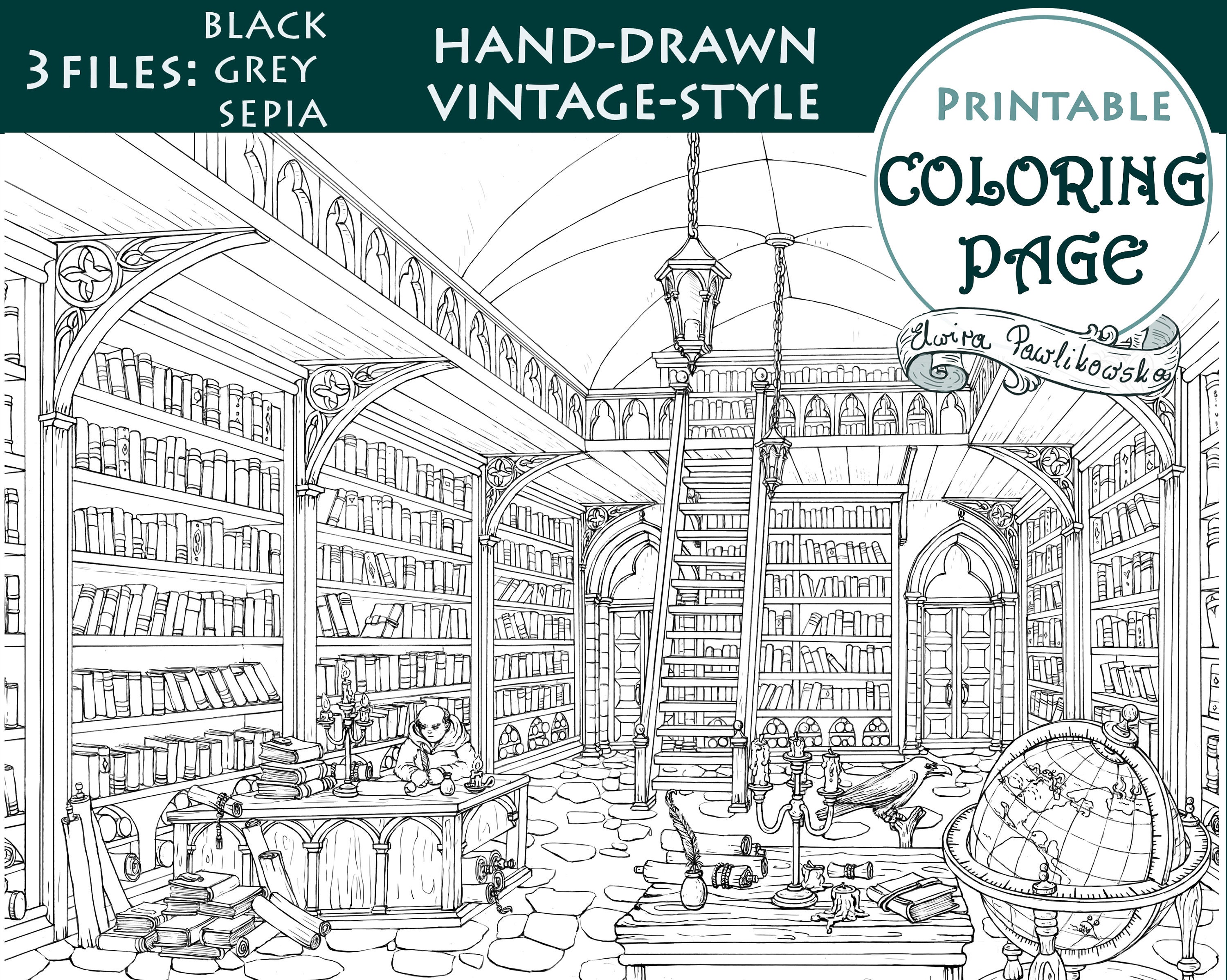 Printable coloring page medieval library a size detailed hand