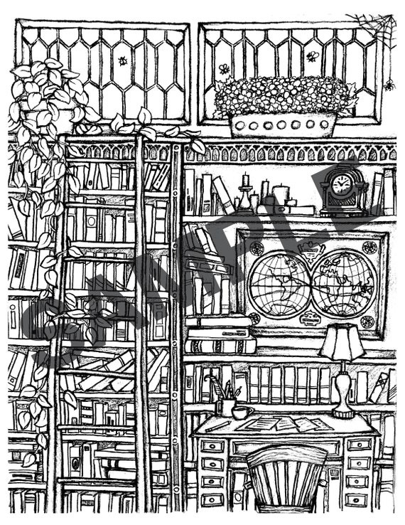 Library printable adult coloring page