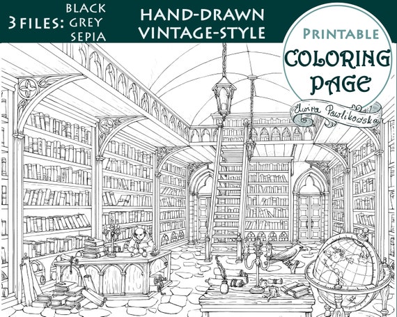 Printable coloring page medieval library a size detailed hand