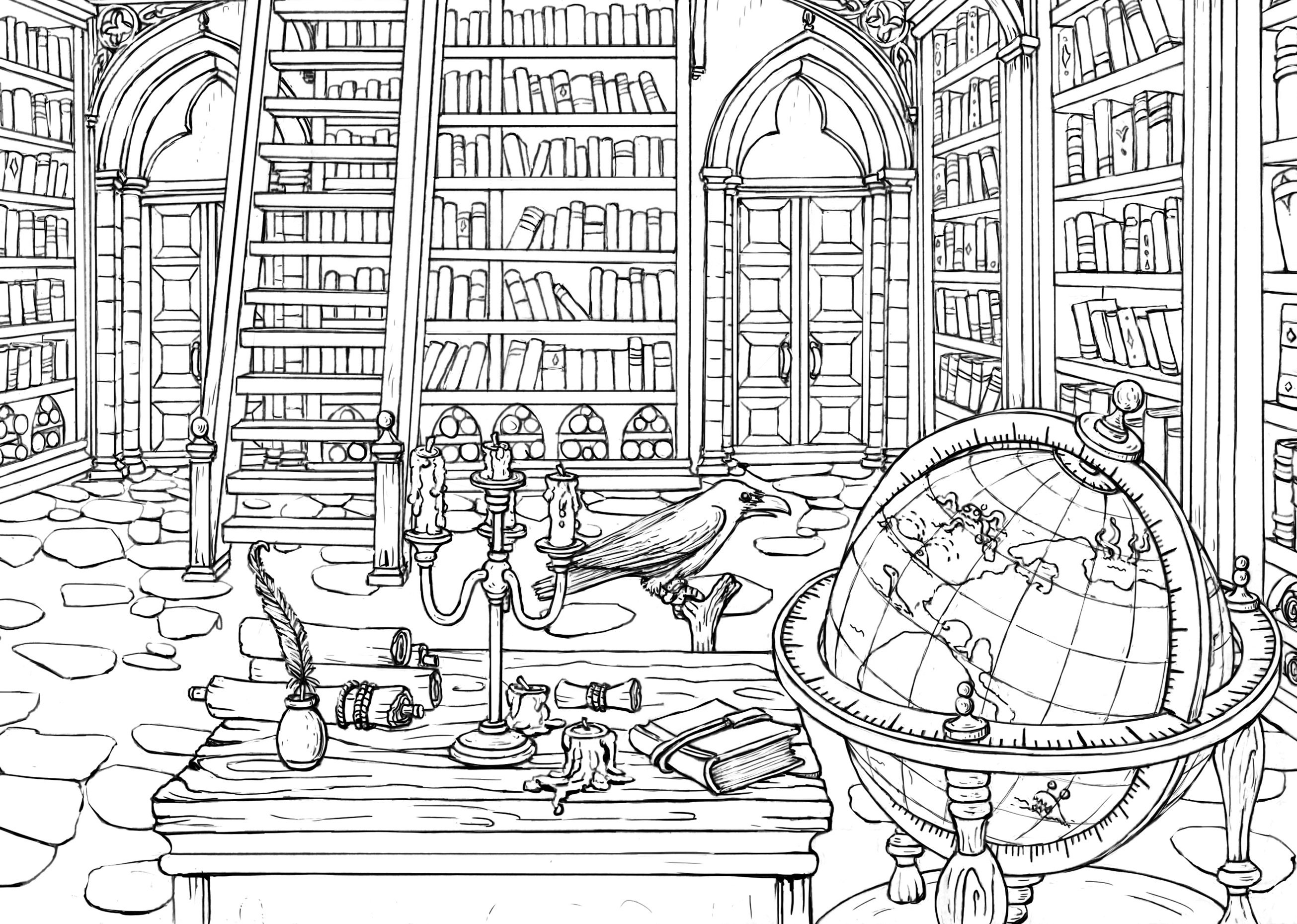 Printable coloring page medieval library a size detailed hand
