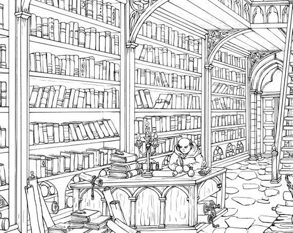 Printable coloring page medieval library a size detailed hand