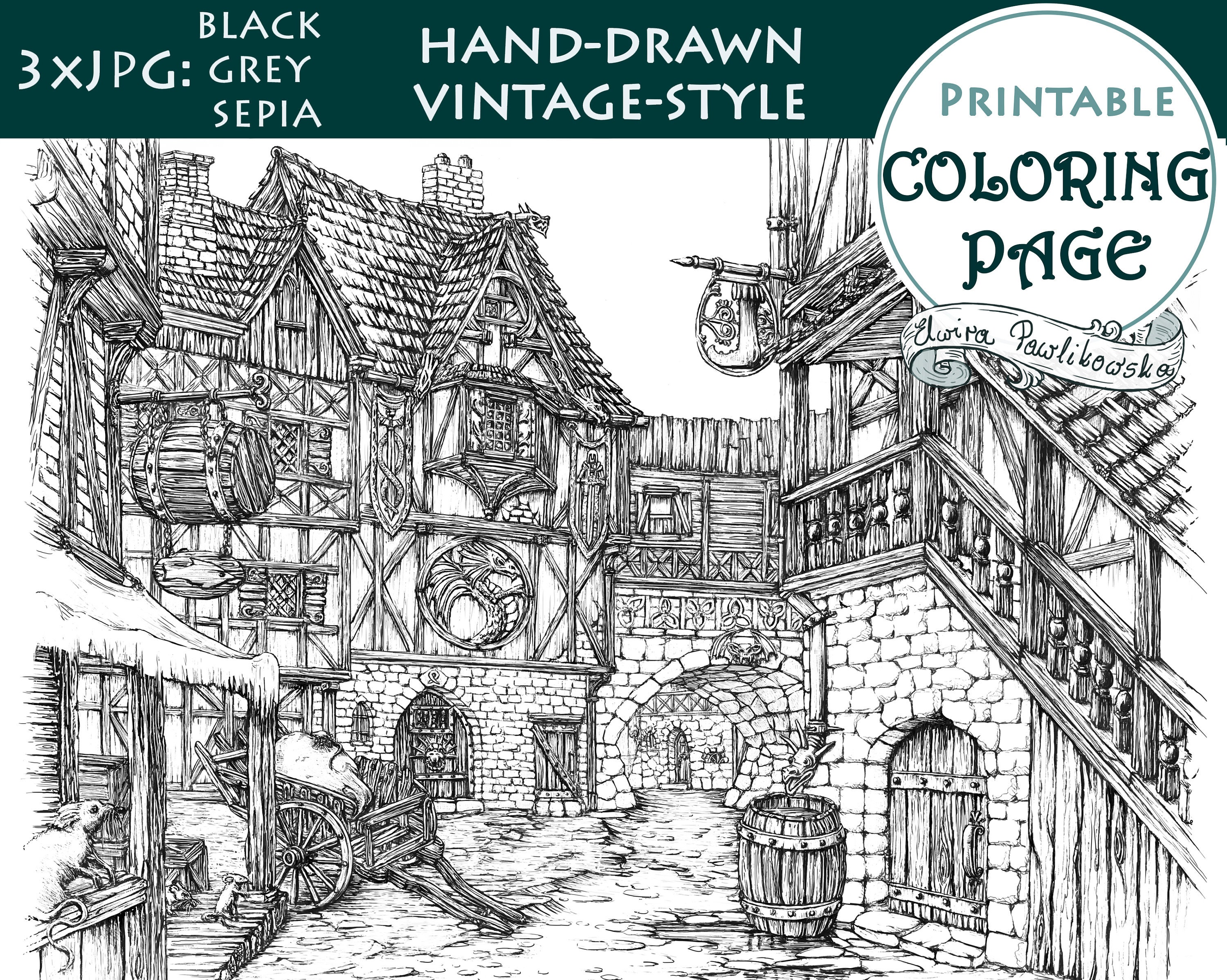 Printable coloring page medieval town a size detailed hand