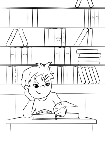 Cute little boy reading a book at the library coloring page free printable coloring pages