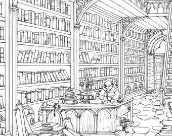 Printable coloring page medieval library a size detailed hand