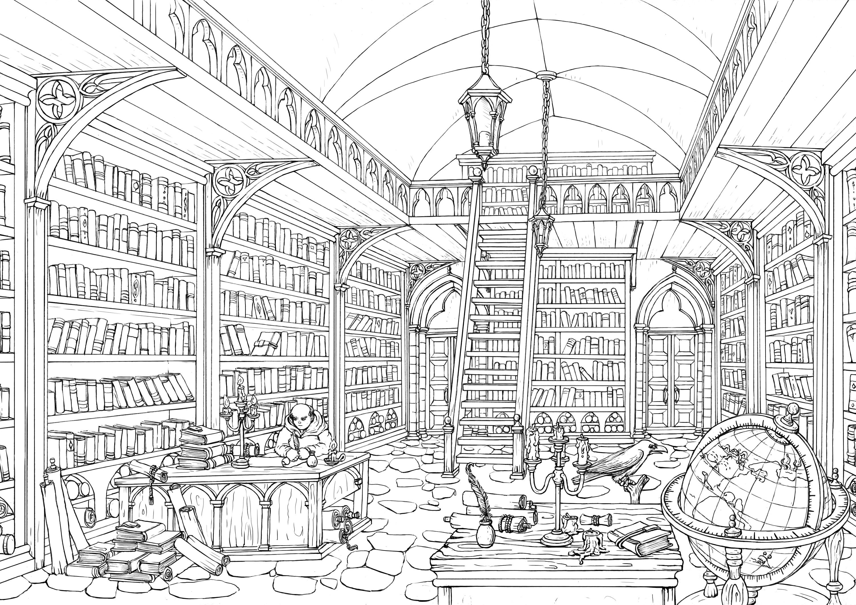 Printable coloring page medieval library a size detailed hand