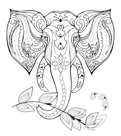 Stylized elephant head black and white page for coloring book pattern for modern print embroidery henna mehndi tattoo and decoration hand