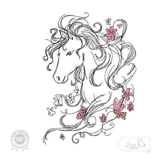 Horse embroidery design horse and flowers motif pattern for