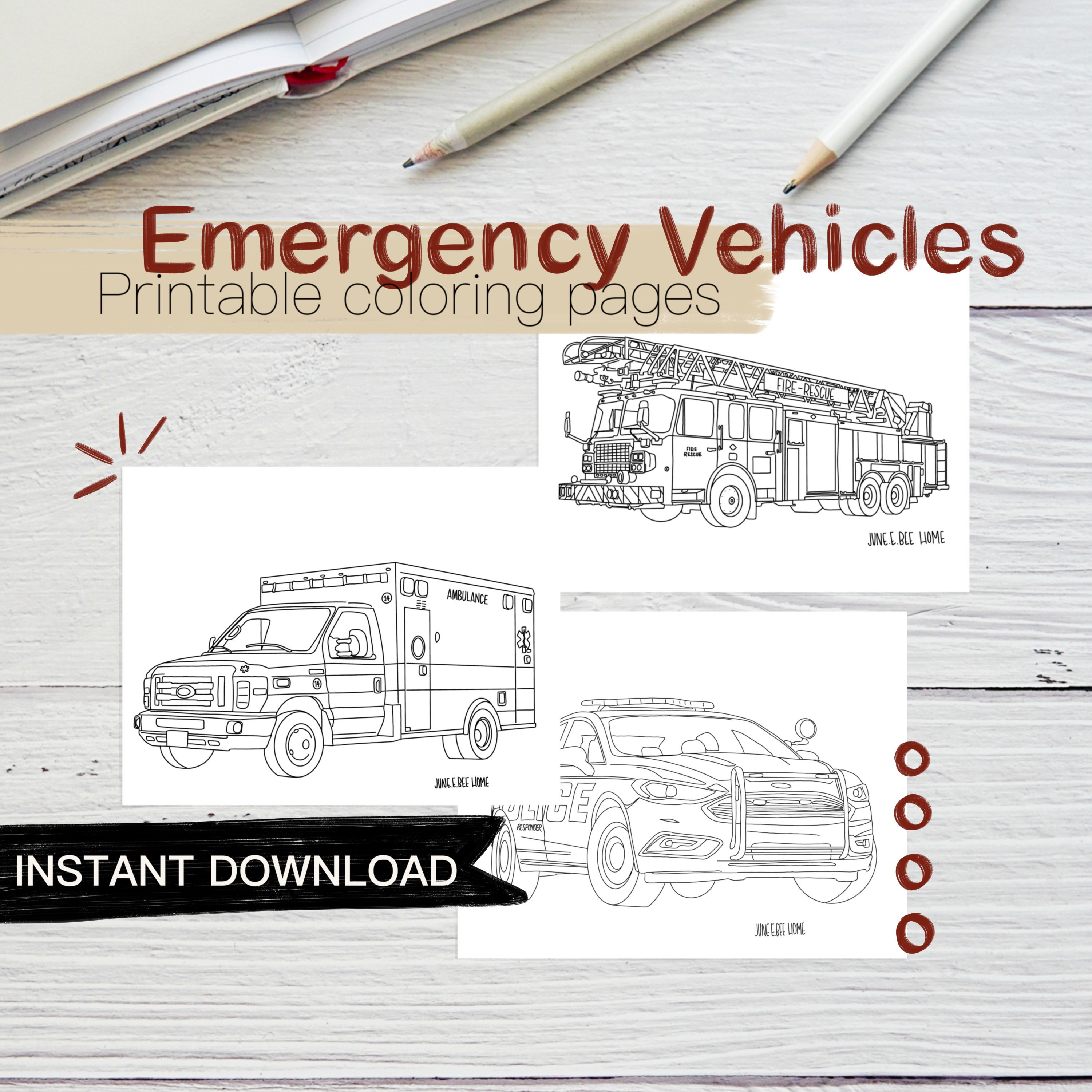 Emergency vehicle coloring pages firetruck printable ambulance printable police responder printable