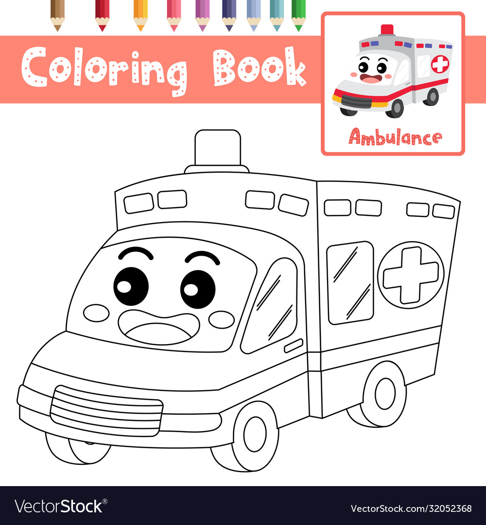 Coloring page ambulance cartoon character vector image