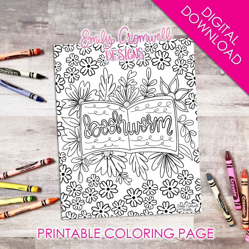 Bookworm coloring page jpeg digital download â emily cromwell designs