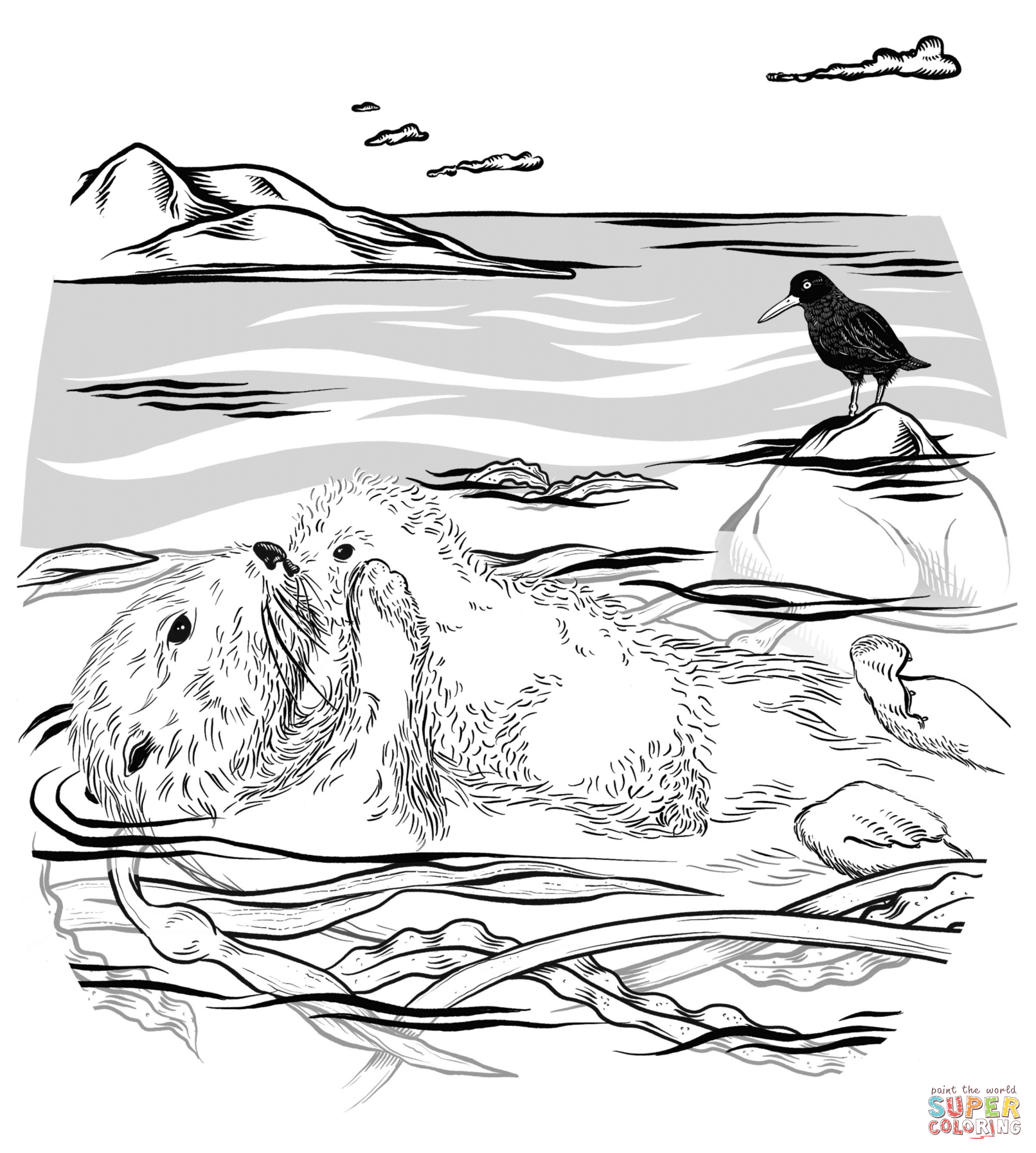 Sea otter with pup coloring page free printable coloring pages