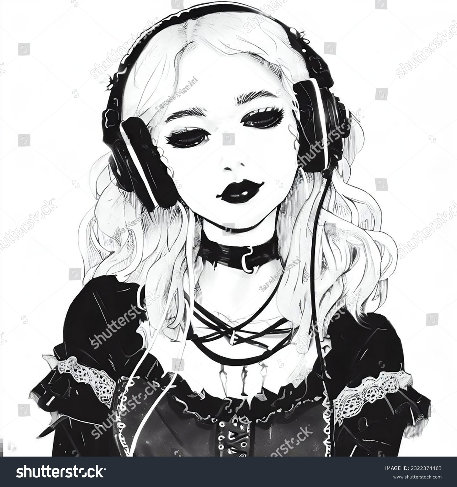 Coloring book emo girl music stock illustration