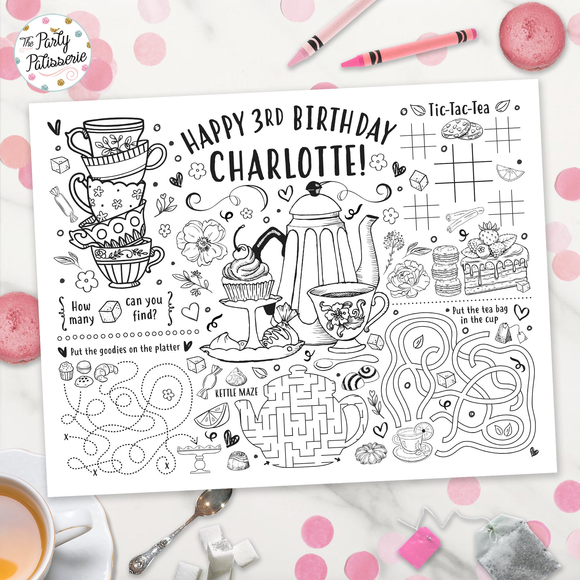 Tea party coloring placemat personalized tea time printable custom high tea birthday activity mat