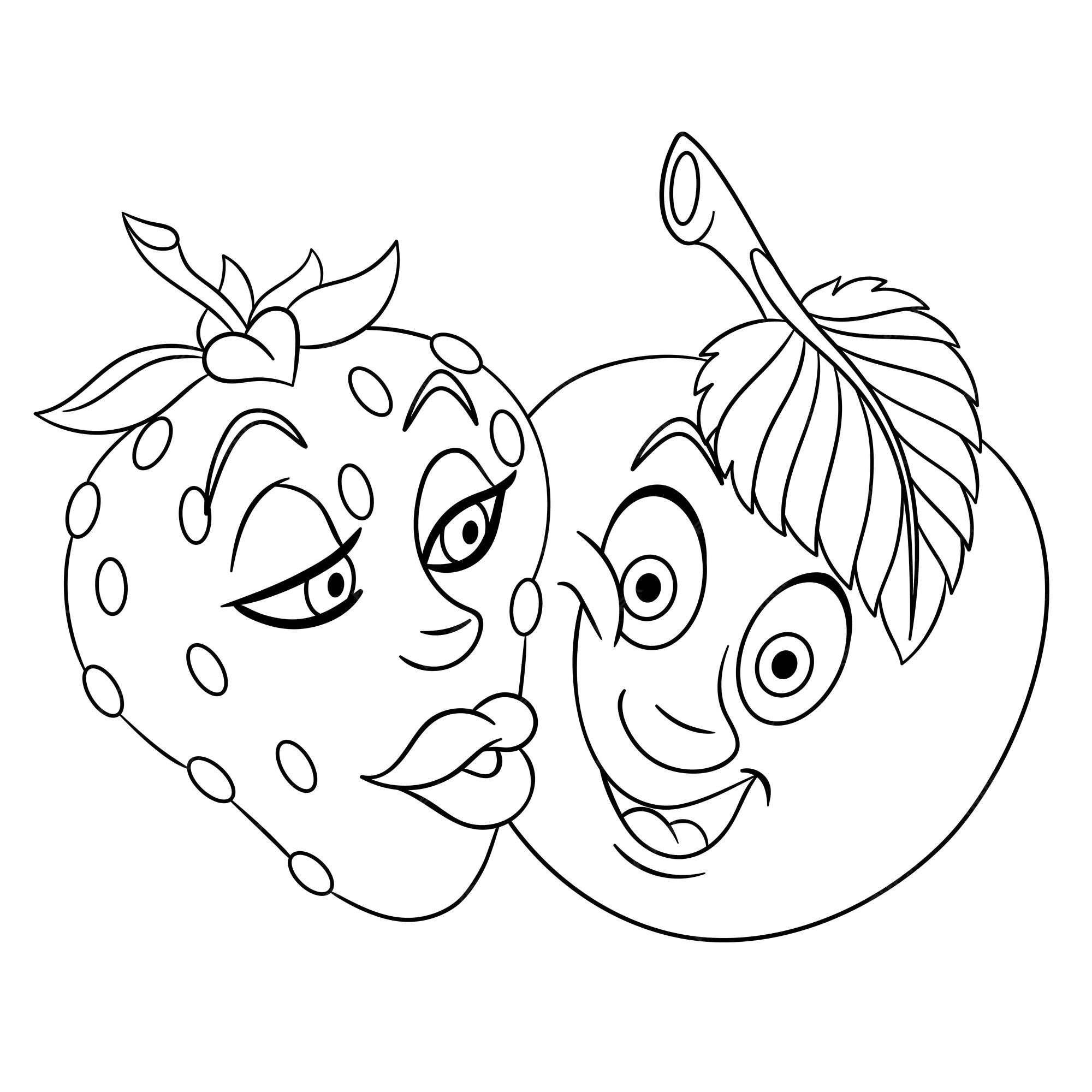 Lindos bos de fra y manzana cara de emoji de comida divertida de dibujos animados pãgina para colorear de niãos vector premium