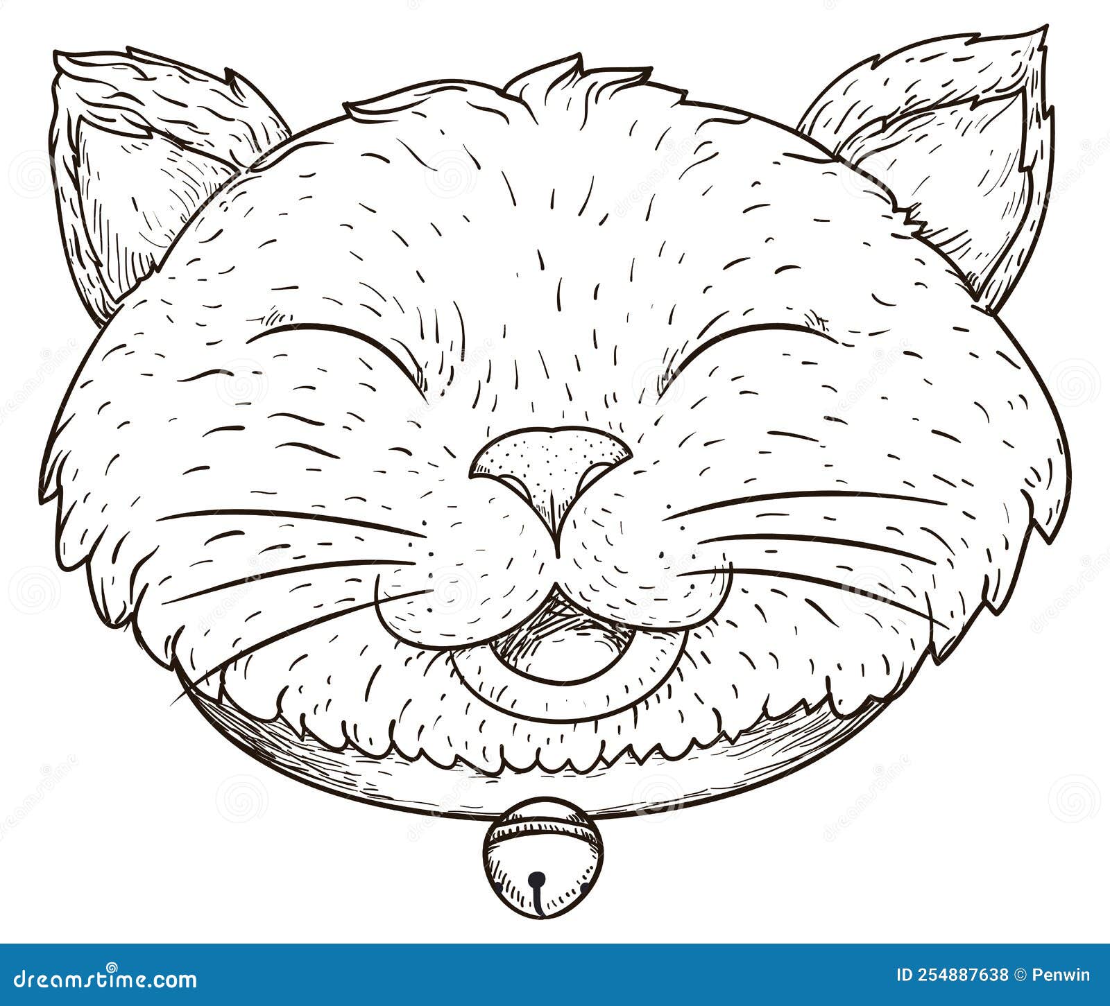 Drawing of a smiling cat with closed eyes and jingle bell vector illustration stock vector