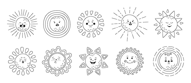 Conjunto linear plano do sol mão desenhada sãis bonitos coleãão de emoticons ensolarados infantis de contorno engraãado personagem de desenho animado de raios solares de sorriso emoticons de verão de linha preta