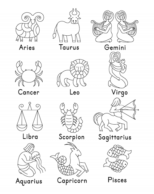 Conjunto de iconos de signos del zodãaco ari tauro gãminis cãncer leo virgo libra corpio sagitario acuario capricornio piscis ilustraciãn de vector de tilo de lãnea de dibujos animados vector premium