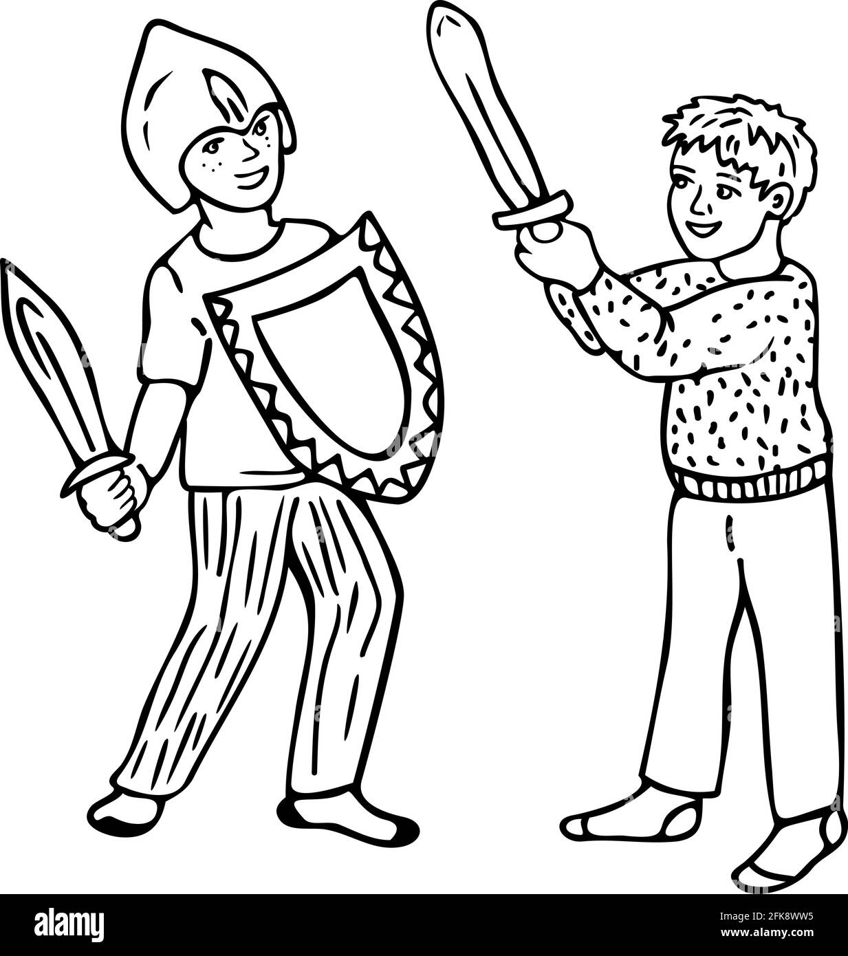 Vector black and white illustration with joke fight of two little boys two boys in toy armor design for coloring book stock vector image art