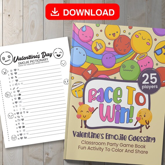 Best value race to win valentines day emoji guessing classroom party game book instant download activity to color share cards
