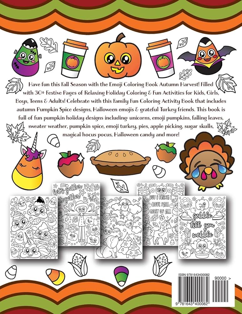 Emoji coloring book autumn harvest festive coloring pages activities of cute pumpkin unicorns fall quotes spooky halloween emojis silly turkey laughs for girls boys kids adults