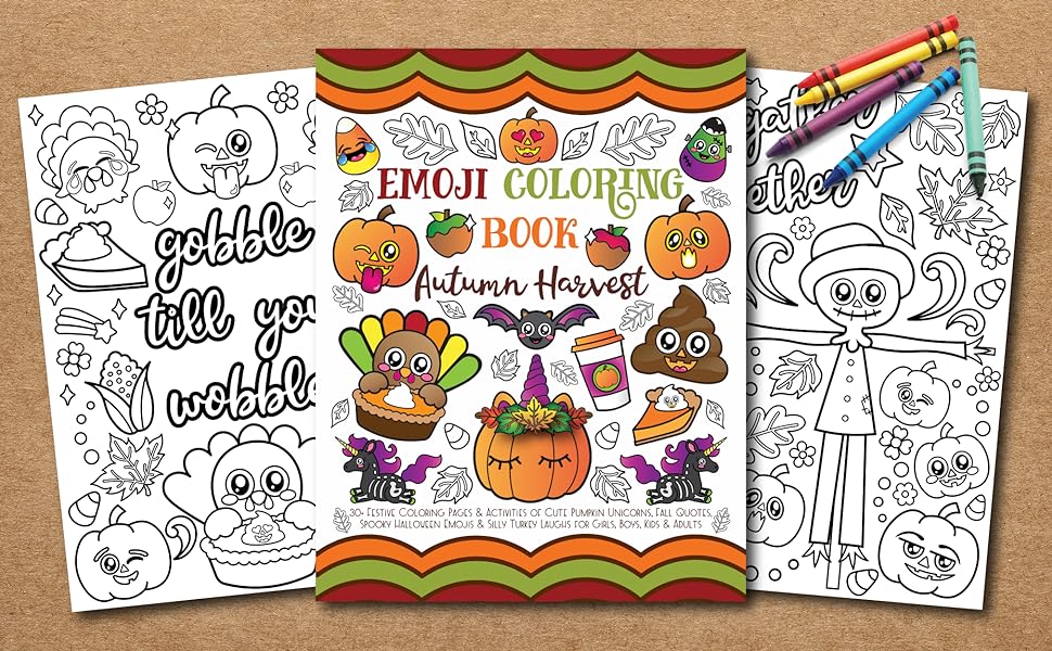 Emoji coloring book autumn harvest festive coloring pages activities of cute pumpkin unicorns fall quotes spooky halloween emojis silly turkey laughs for girls boys kids adults