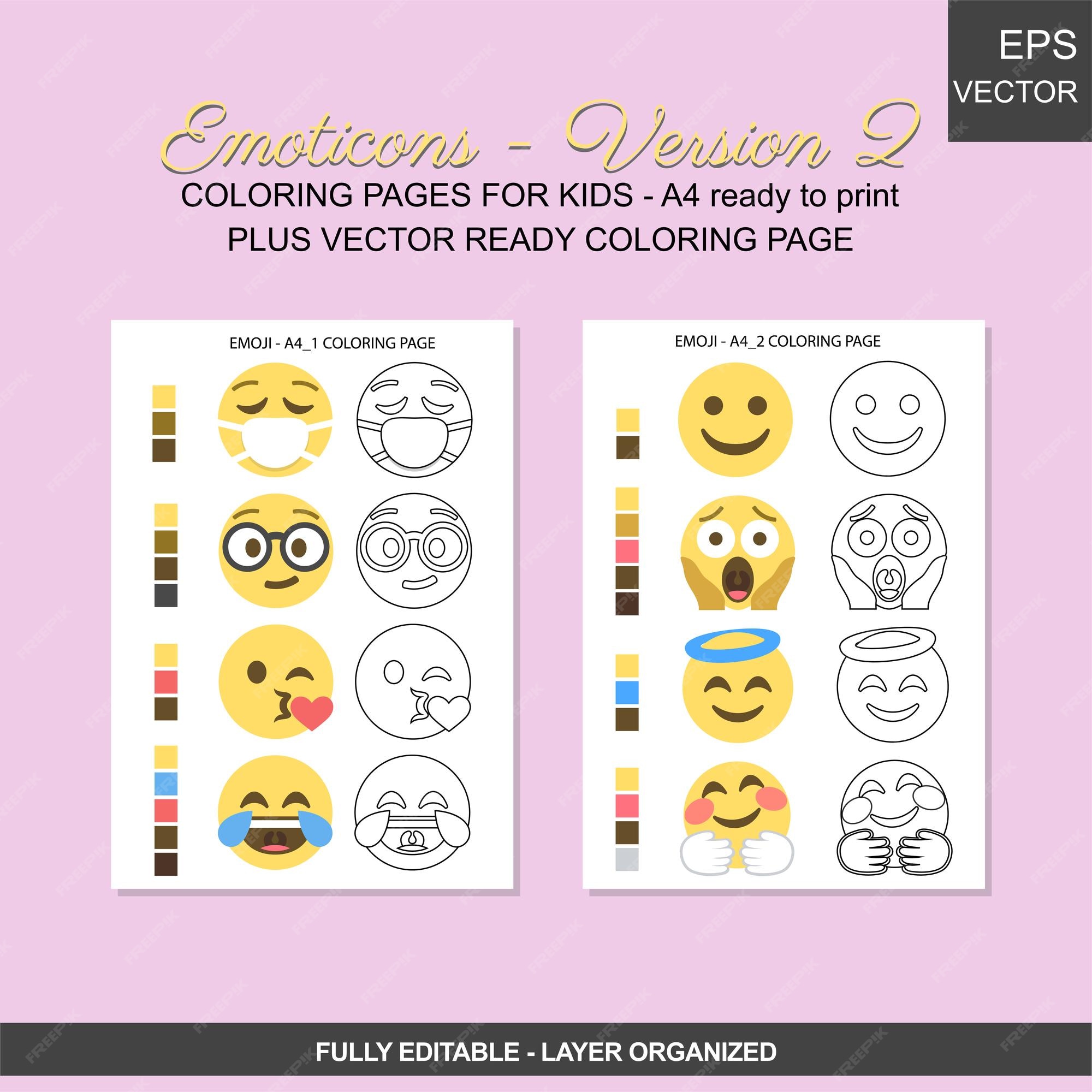 Conjunto vectorial de a listos para imprimir pãginas para colorear con el emoticãn mãs popular vector premium