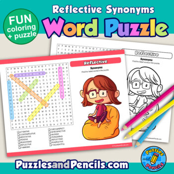 Reflective synonyms word search puzzle coloring activity page emotions series