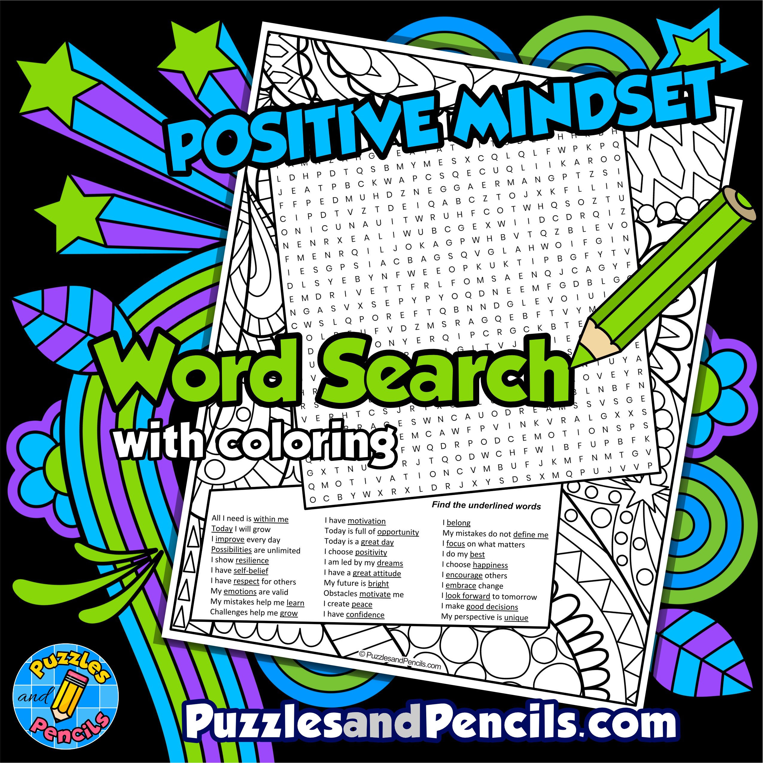 Positive mindset word search puzzle activity page with coloring positive affirmations wordsearch made by teachers