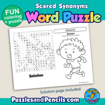 Scared synonyms word search puzzle with coloring activity page emotions series