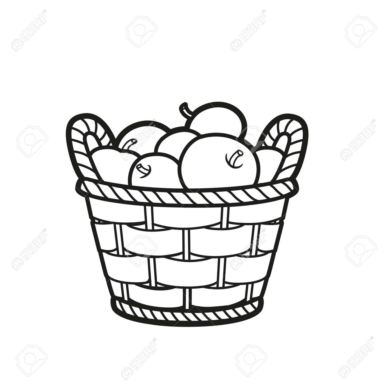 Wicker basket with apples outlined for coloring book on white background royalty free svg cliparts vectors and stock illustration image