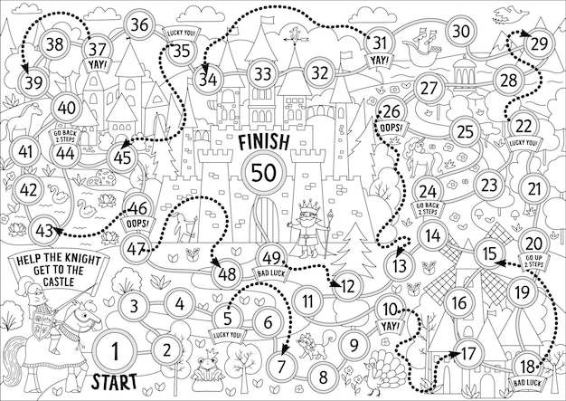 Premium vector black and white fairytale dice board game with medieval landscape magic kingdom line boardgame fairy tale activity printable worksheet for kids coloring page with knight castlexa