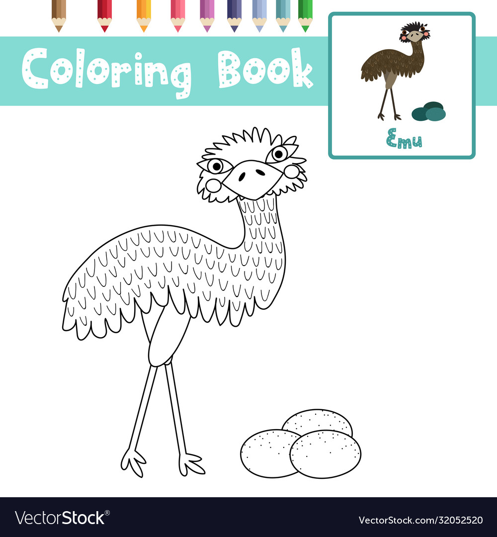 Coloring page standing emu with eggs animal vector image