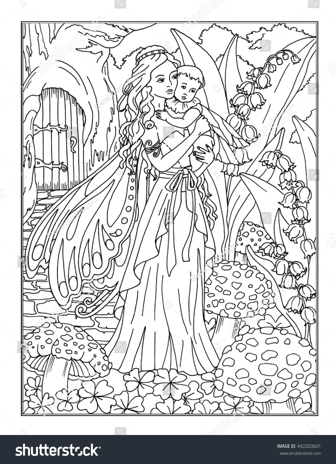 Coloring page enchanted fairy stock illustration