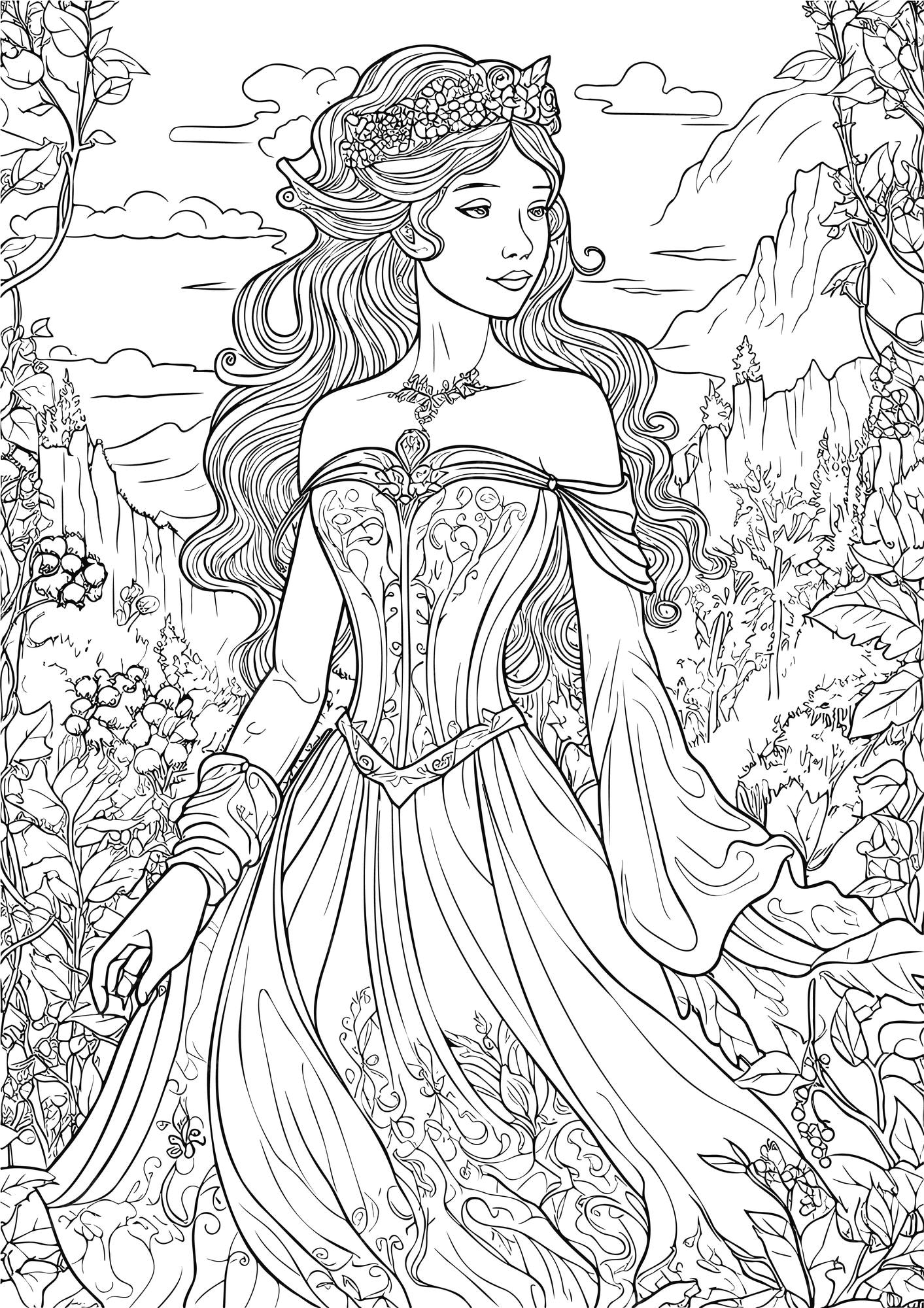 Premium vector enchanted realm princess in garden coloring book pages