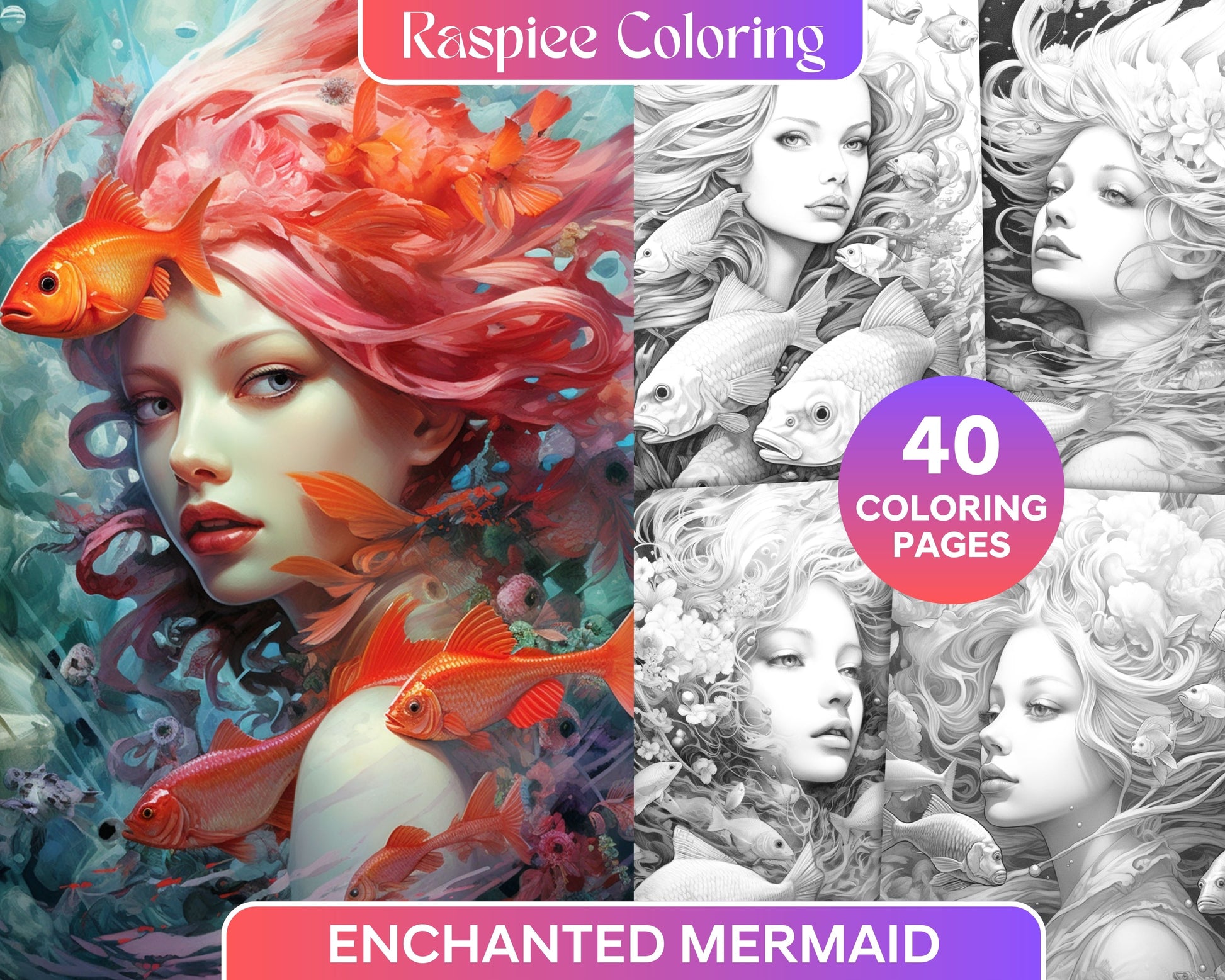 Enchanted mermaid grayscale coloring pages printable for adults pd â coloring