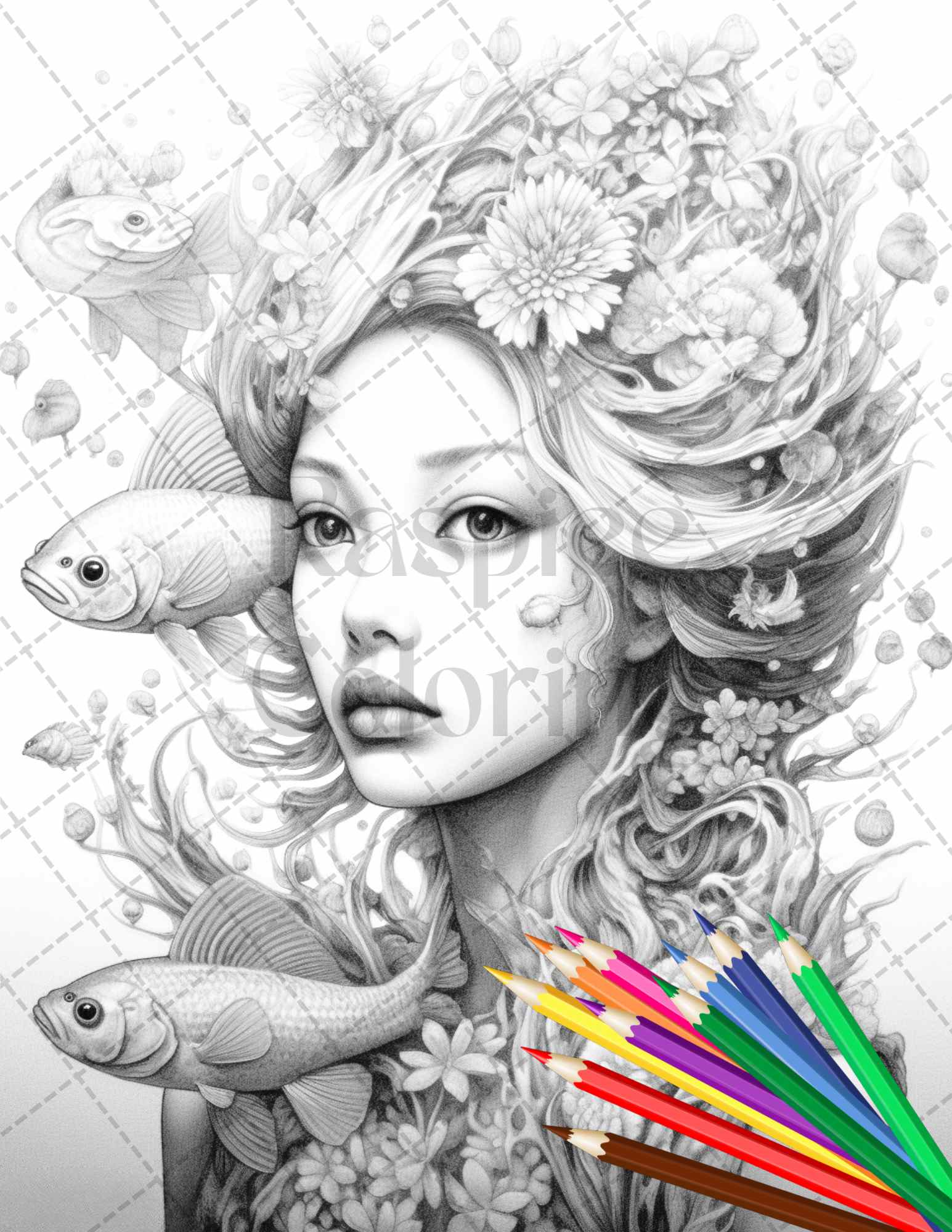 Enchanted mermaid grayscale coloring pages printable for adults pd â coloring