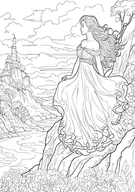 Premium vector enchanted realm princess colouring book