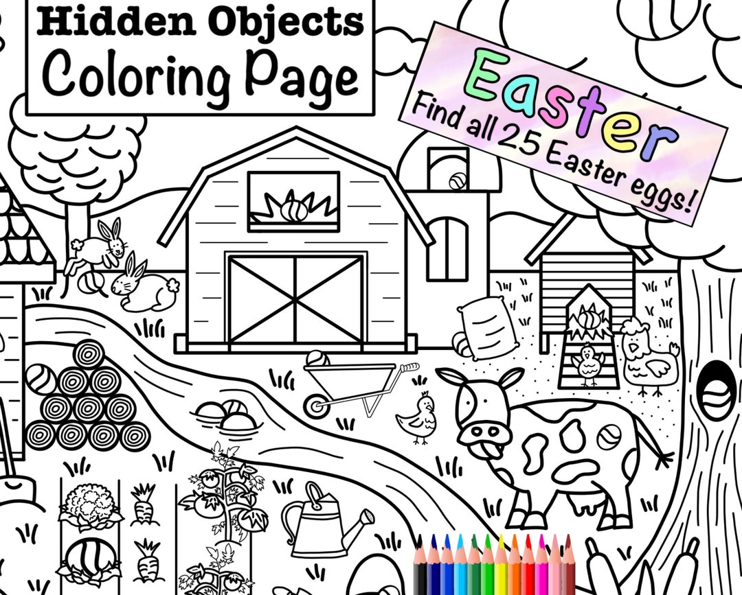 Pãgina para colorear de bãºsqueda de huevos de pascua objetos ocultos descarga impresa pãgina para colorear encontrar y colorear bãºsqueda de huevos de pascua animales de granja garabato