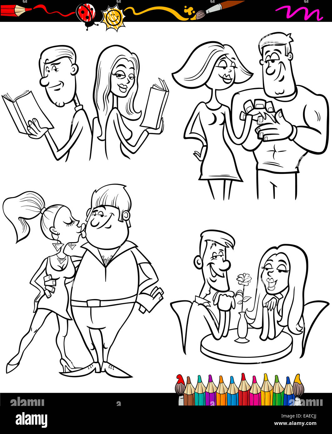 Libro para colorear o pãgina cartoon ilustraciãn a color o en blanco y negro las parejas felic en el amor fotografãa de stock