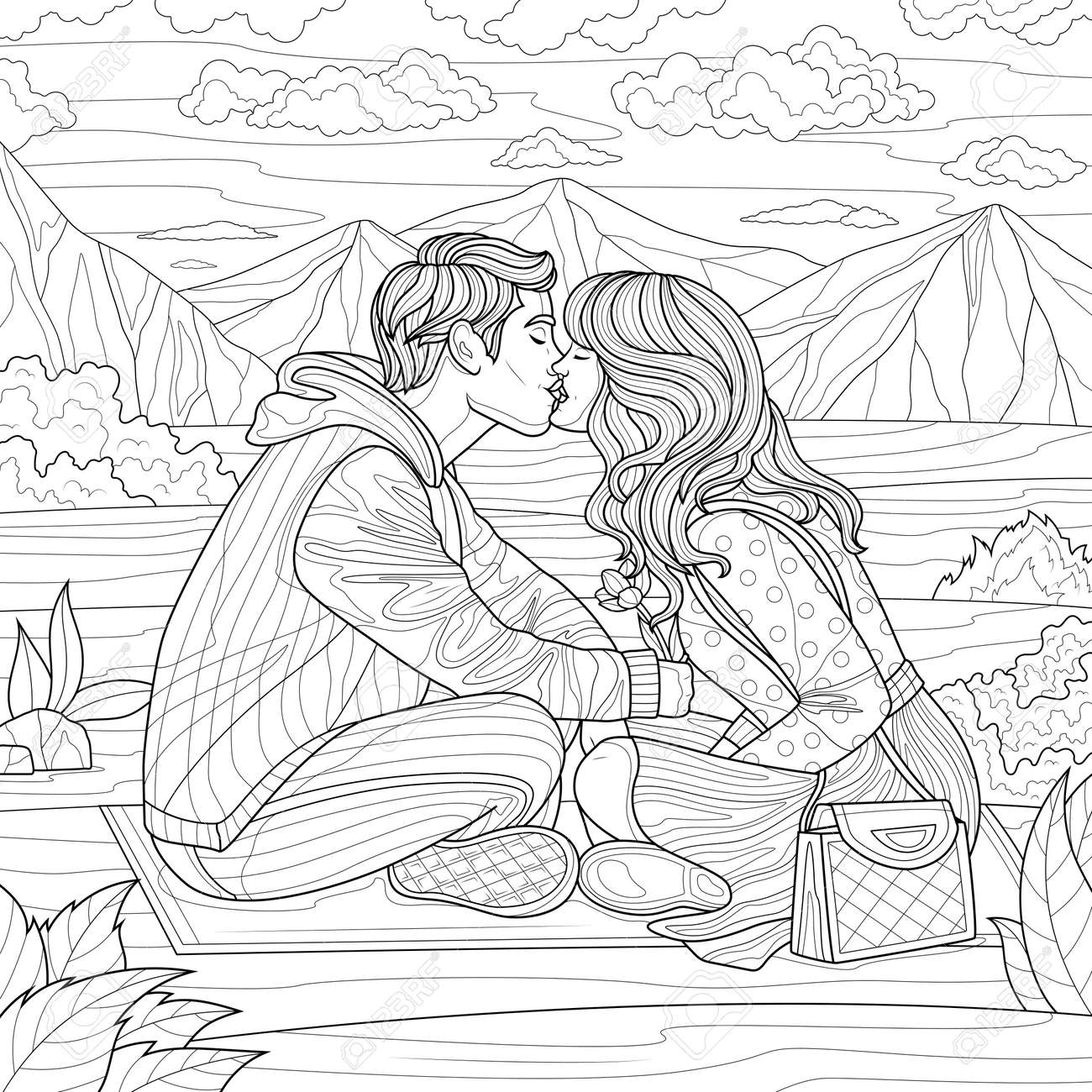 A guy and a girl kiss near the mountainscoloring book antistress for children and adults illustration isolated on white backgroundzen