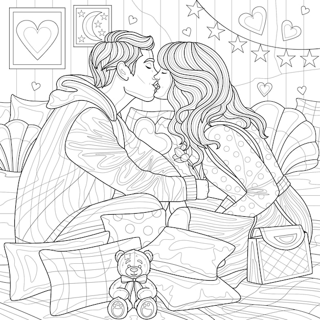 Premium vector the couple kisses on the bedcoloring book antistress for children and adults