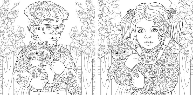 Coloring pages with boy and girl embracing furry animals stock vector