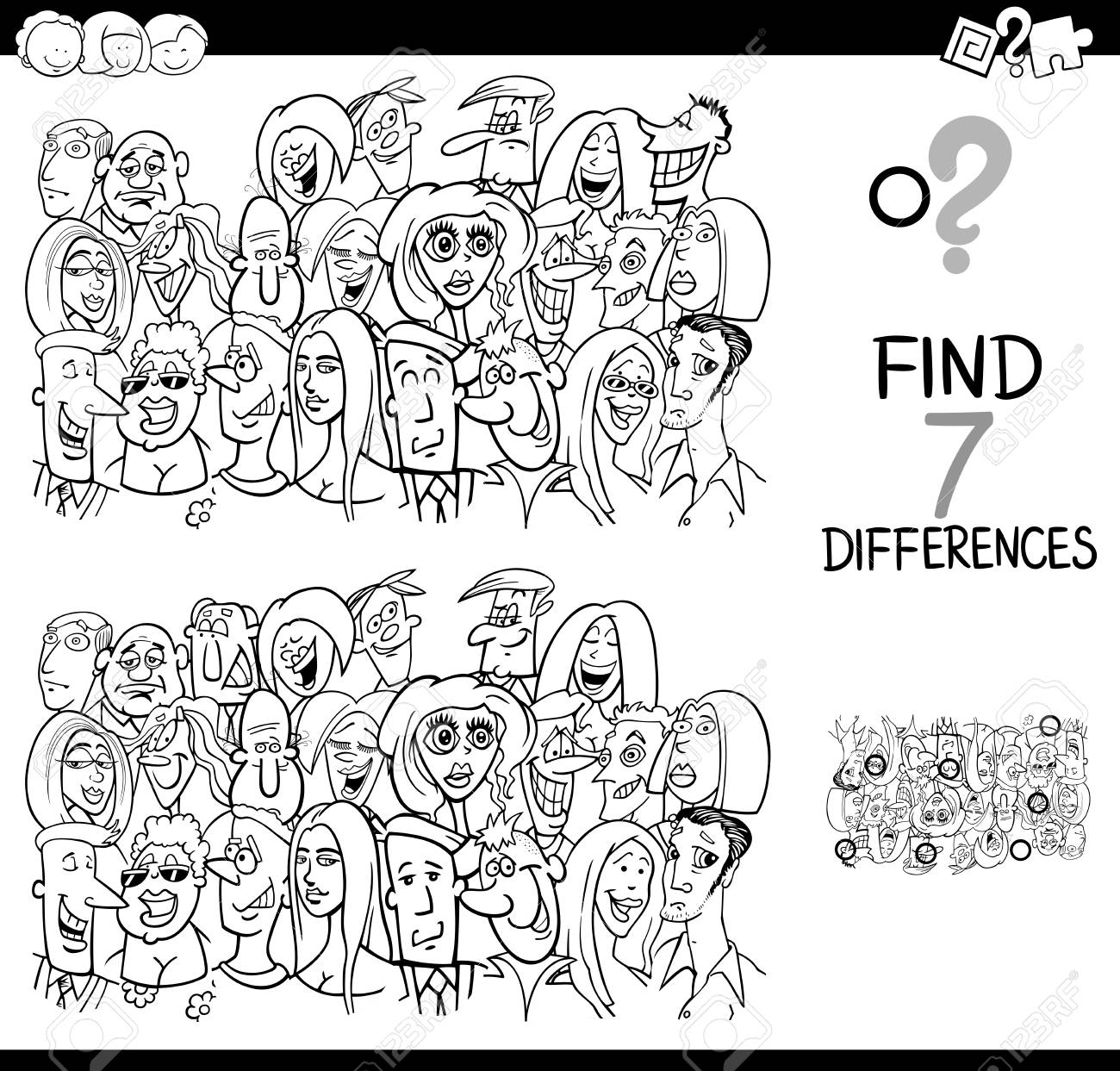 Black and white cartoon illustration of finding seven differences between pictures educational activity game for children with people characters group coloring book royalty free svg cliparts vectors and stock illustration image