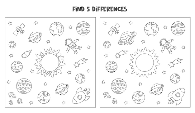 Encuentra cinco diferencias entre dos imãgen del pacio en blanco y negro vector premium