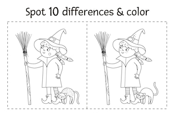 Premium vector halloween black and white find differences game for children autumn educational activity with funny witch broom cat printable worksheet or coloring page with smiling character
