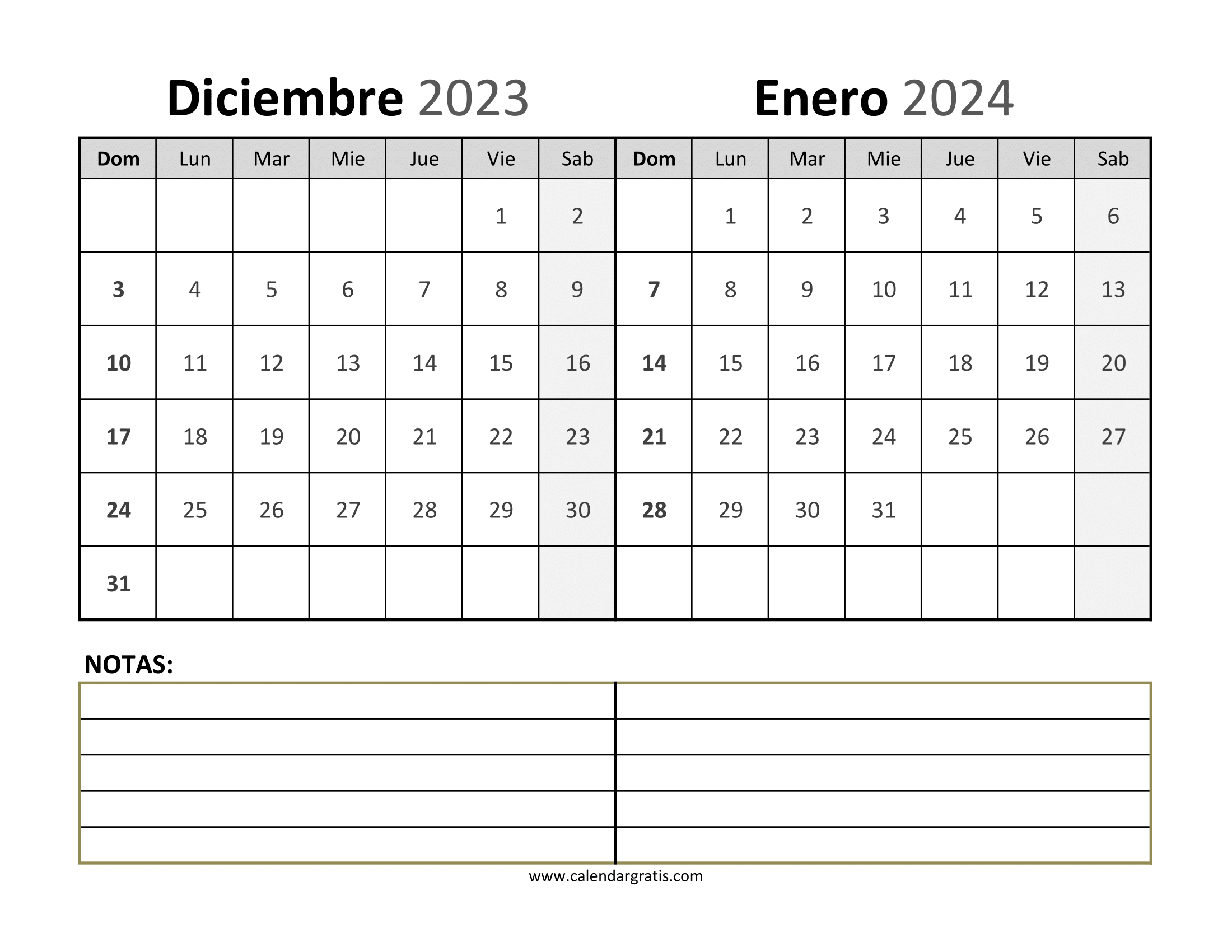 Calendario diciembre y enero para imprimir